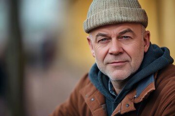 Fototapeta premium A man wearing a brown hat and a brown jacket is smiling. He is looking at the camera
