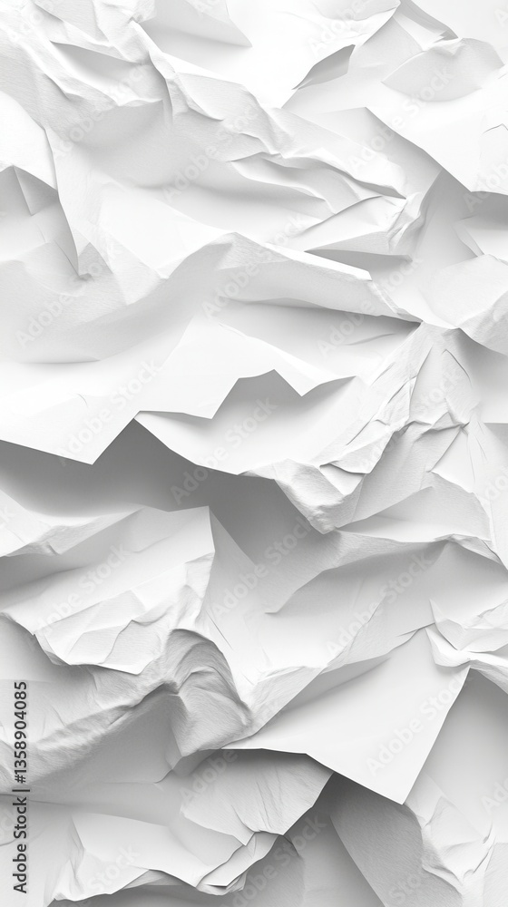 Poster a close-up view of a white crumpled paper texture, showcasing intricate folds and creases that creat