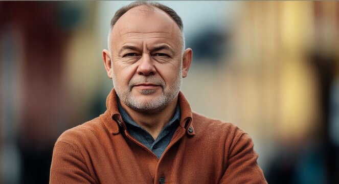 A man with a beard and gray hair is wearing a brown sweater and looking at the camera. He is in a contemplative mood