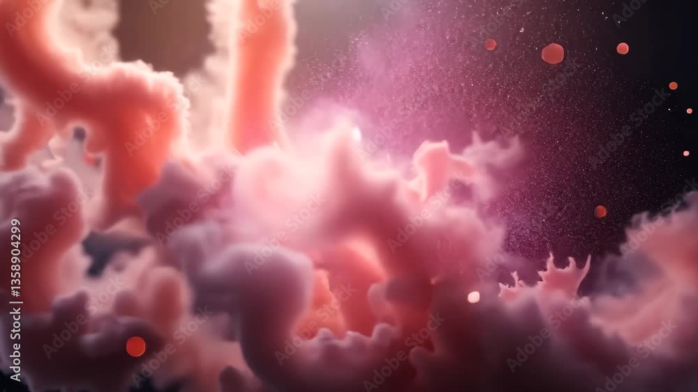 Poster pink smoke abstract artwork against dark background with fluid forms and particle effects
