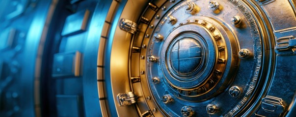 A close-up view of a metallic vault door featuring intricate designs, highlighting a combination of blue and gold tones.
