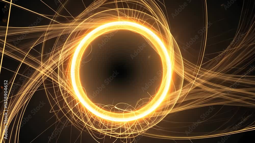 Poster radiant yellow circle with flowing dotted lines abstract background design on dark backdrop