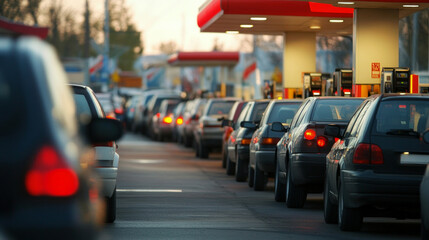 Cars are lined up at a gas station, with many drivers waiting to fuel up. The busy scene captures the urgency as evening approaches and light fades.