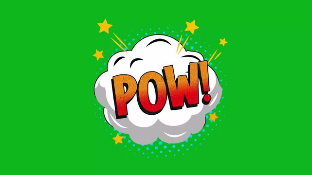 Animated Comic POW Text in Pop Art Style with Retro Explosions animation on Green Screen background