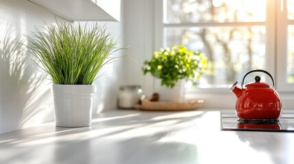 This image displays a bright kitchen scene featuring a vibrant green plant, a red kettle, and warm lighting, creating a welcoming and fresh atmosphere for home cooking.