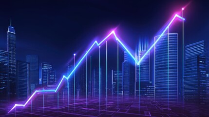 Technology-driven financial growth graph with neon blue and purple glowing lines, highlighting a thriving industry sector.