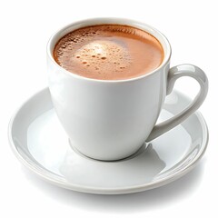 A plain white coffee cup with rich creamy hot chocolate or coffee and a light foam layer on a matching saucer against a completely white background for a minimalist and elegant look