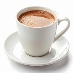 Obraz premium A plain white coffee cup with rich creamy hot chocolate or coffee and a light foam layer on a matching saucer against a completely white background for a minimalist and elegant look