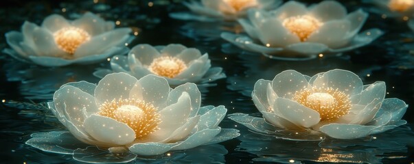 A serene scene featuring glowing white lotus flowers floating on dark water, creating a tranquil and enchanting atmosphere.