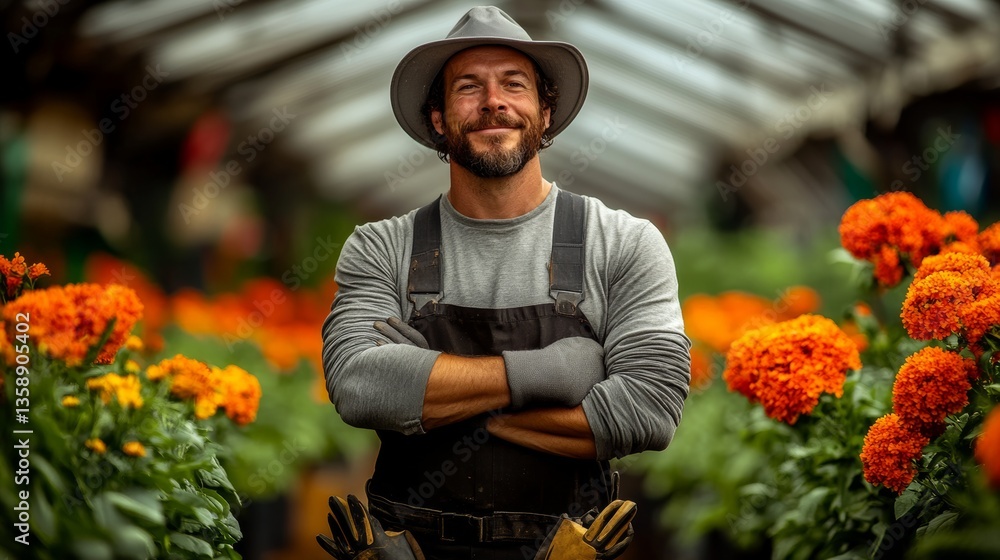Poster a man in a hat and overalls stands in front of a field of orange flowers. he is smiling and he is pr