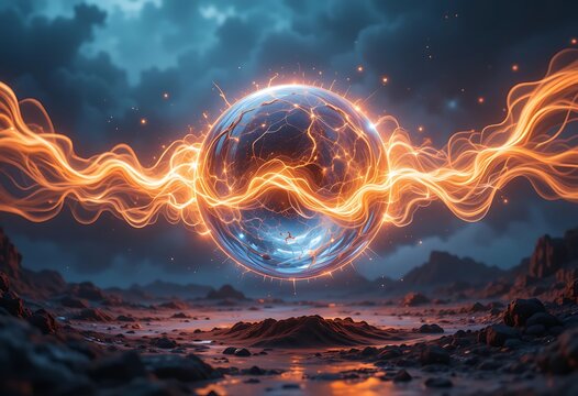 A glowing, liquid-like sphere suspended in midair, surrounded by pulsating waves of energy in a surreal dreamlike environment.
