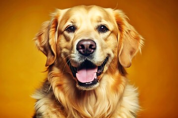 Cute Golden Retriever dog on flat color background