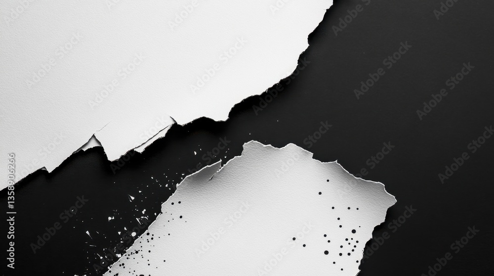 Poster torn white and black paper with halftone dots creating an abstract background of rough edges and bol