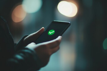 A person making a successful digital payment on a smartphone with a sleek user interface overlay