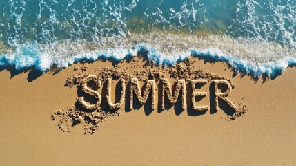 Fototapeta premium A serene and idyllic summer beach scene with elegant sand writing symbolizing relaxation and freedom