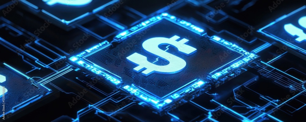 Poster a digital representation of currency with a dollar sign, illuminated against a circuit-like backgrou
