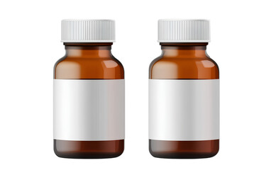 Two brown and white bottles of medicine with blank labels, isolated on a transparent background