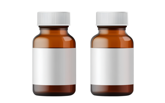 Two brown and white bottles of medicine with blank labels, isolated on a transparent background