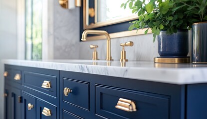 Modern navy blue vanity with gold hardware and marble countertop