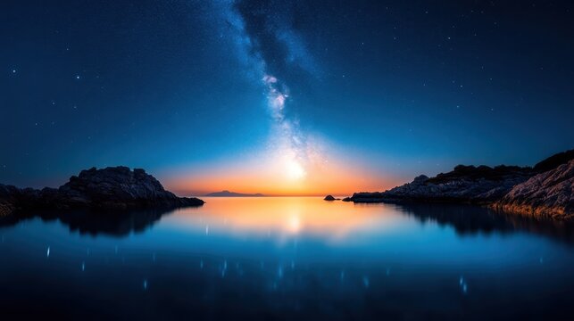 Under a clear night sky, the Milky Way galaxy reflects beautifully on the still waters, creating a deep sense of wonder and connection to the universe. - Powered by Adobe