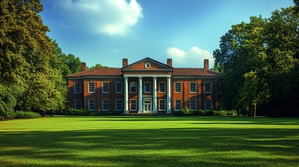 Fototapeta premium A typical American school building featuring a red brick facade, large rectangular windows, and a central entrance with white columns, surrounded by a well-manicured lawn. 