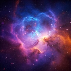 Fototapeta premium a vibrant, abstract nebula with a mix of colors in a dark space setting. At the center, there are bright blue and purple hues which then transition to warmer orange and red tones towards the outer edg