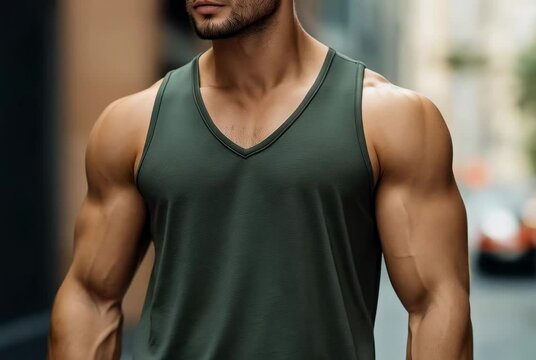 Muscular man wearing a sleeveless shirt poses confidently in a city street during the daytime while showcasing fitness and masculinity in an urban setting