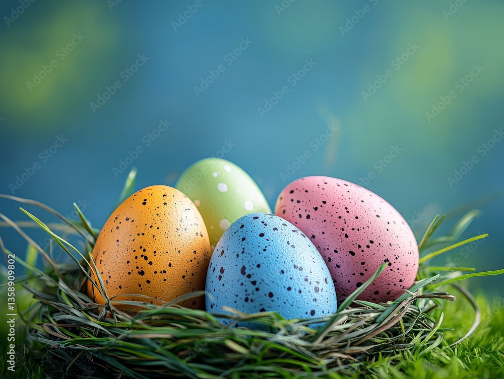 Aufkleber three pastel toned easter eggs arranged on grass field with soft background bokeh and gentle light e