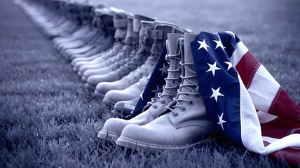 American flag draped over military boots in a grassy field, honoring our troops.