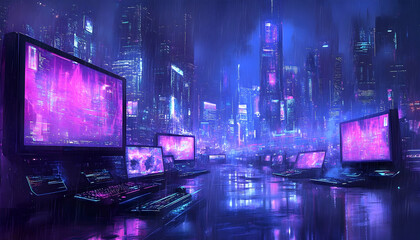 Futuristic cityscape at night with glowing computers, neon lights, and rain-soaked streets