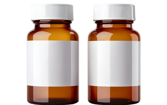 Two brown and white medicine bottles with blank labels, isolated on a transparent background