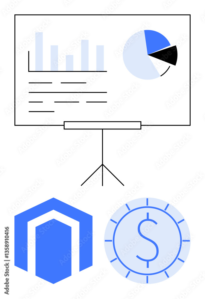 Aufkleber bar graph and pie chart on presentation board with dollar coin and shield icon. ideal for finance, b