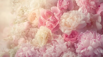 A vibrant arrangement of pink and white peonies in soft focus, creating a romantic floral backdrop
