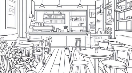 Interior sketch of a cafe with tables and chairs.  Possible use for cafe design, interior design, or architectural visualization