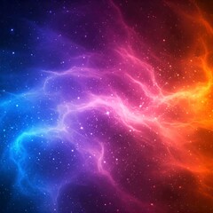 a vibrant, abstract nebula with a mix of colors in a dark space setting. At the center, there are bright blue and purple hues which then transition to warmer orange and red tones towards the outer edg