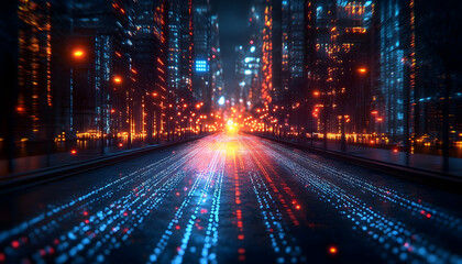 Obraz premium Futuristic cityscape at night with vibrant lights and blurred motion of vehicles on a busy road