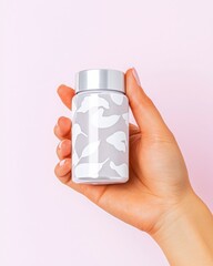 hand holding a bottle of  food  supplements on Pastel Colored background