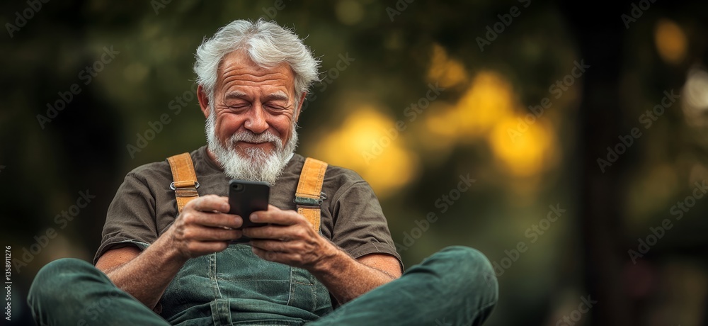 Aufkleber a man is sitting on a bench and smiling while looking at his cell phone. he is enjoying himself and 