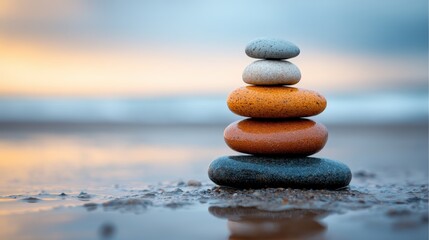 An artistic arrangement of various colored stones stacked on a beach, beautifully reflecting the warm hues of a sunset, representing nature's creativity and balance.