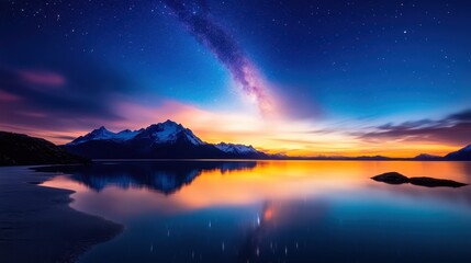 A mesmerizing night view of majestic mountains mirrored in a serene lake, beautifully illuminating the vastness of nature and evoking a sense of awe and tranquility.