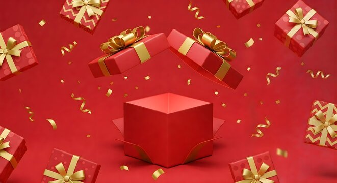 A large open red gift box with a gold ribbon, surrounded by smaller red boxes with gold bows and polka dots, all floating against a red background with gold confetti.