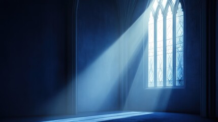 Obraz premium Gothic church interior, light rays through stained glass window