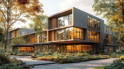 Fototapeta premium An architectural view of a school with sleek, modular buildings, large windows for natural lighting, and a functional layout with ample open spaces for students. 