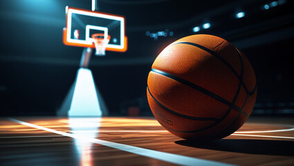 AI Generative. Image realistic basketball court scene with a close-up of a textured, orange basketball resting on the polished wooden floor., a basketball hoop with a transparent backboard. 6