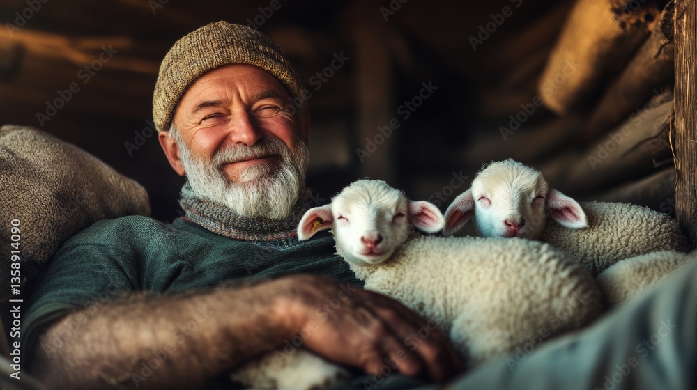 Poster a man is sitting with two sheep on his lap. he is smiling and he is happy