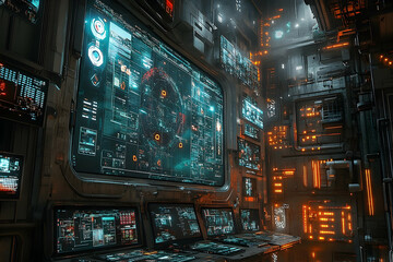 Obraz premium Futuristic control room filled with glowing screens displaying data and holograms in a sci-fi setting