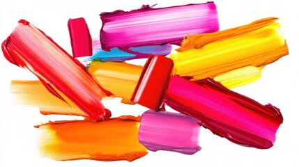 lipstick swatch collage, vibrant rich pigment smears, layered artistically, bold contrast, abstract beauty concept, smear lip balm, cosmetic product, isolated, white background, luxury makeup, banner