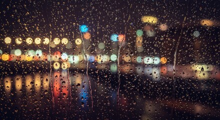 Rainy Night Cityscape Viewed Through a Wet Window Pane with Bokeh Lights