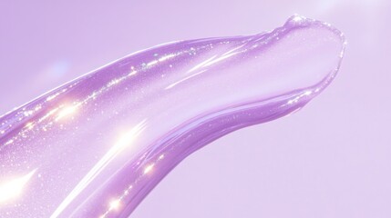 Pearlescent lip gloss swatch, soft lilac, dreamy glow, subtle light reflections, smooth texture, smear, lip balm, cosmetic product, isolated, light purple background, beauty, luxury makeup, banner.