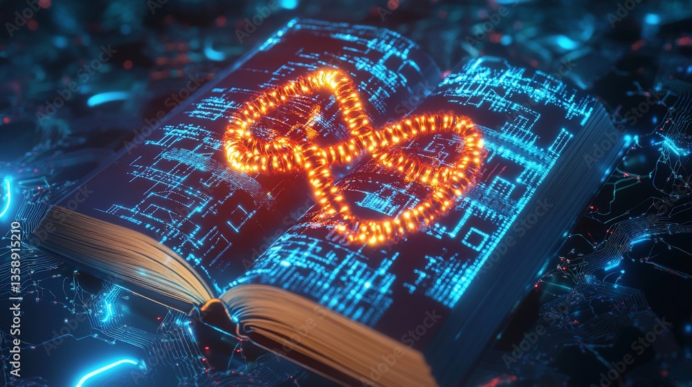 Poster digital book with glowing infinity symbol and circuit board pattern background